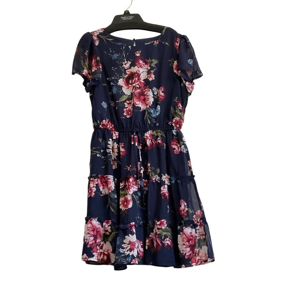 Crystal Doll Navy Blue Floral Rose Tiered Mini Dress‎ Flutter Sleeve WCS15836 S